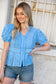 Blue Eyelet Crochet Short Sleeve Button Down Top