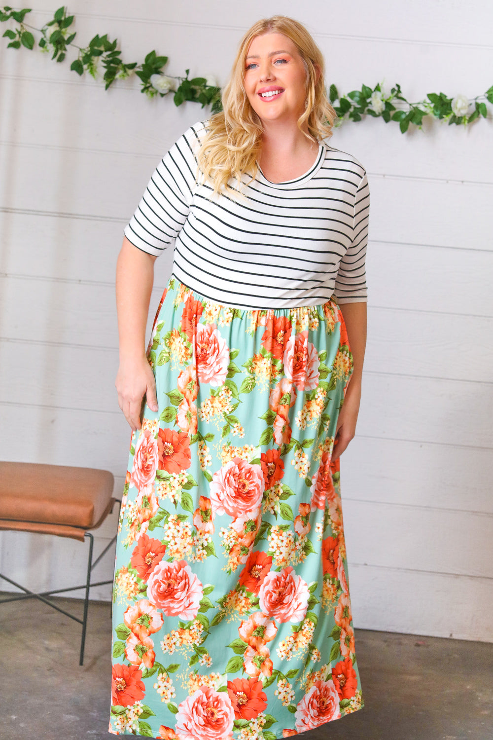 Mint Floral Stripe Fit & Flare Pocketed Maxi Dress