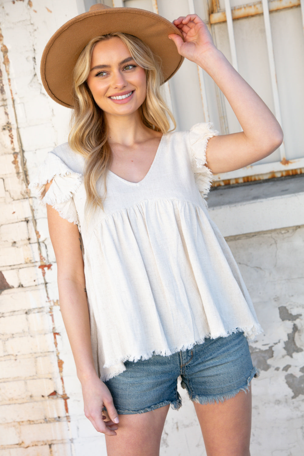 Oatmeal Linen Frayed Hi-Lo Baby Doll Top