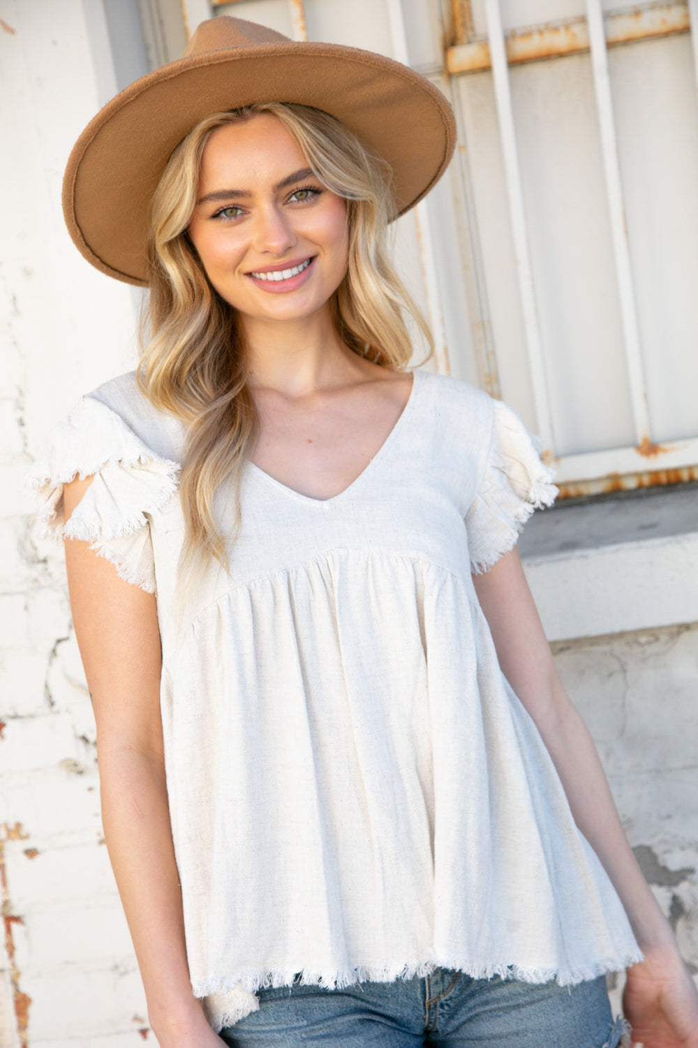 Oatmeal Linen Frayed Hi-Lo Baby Doll Top