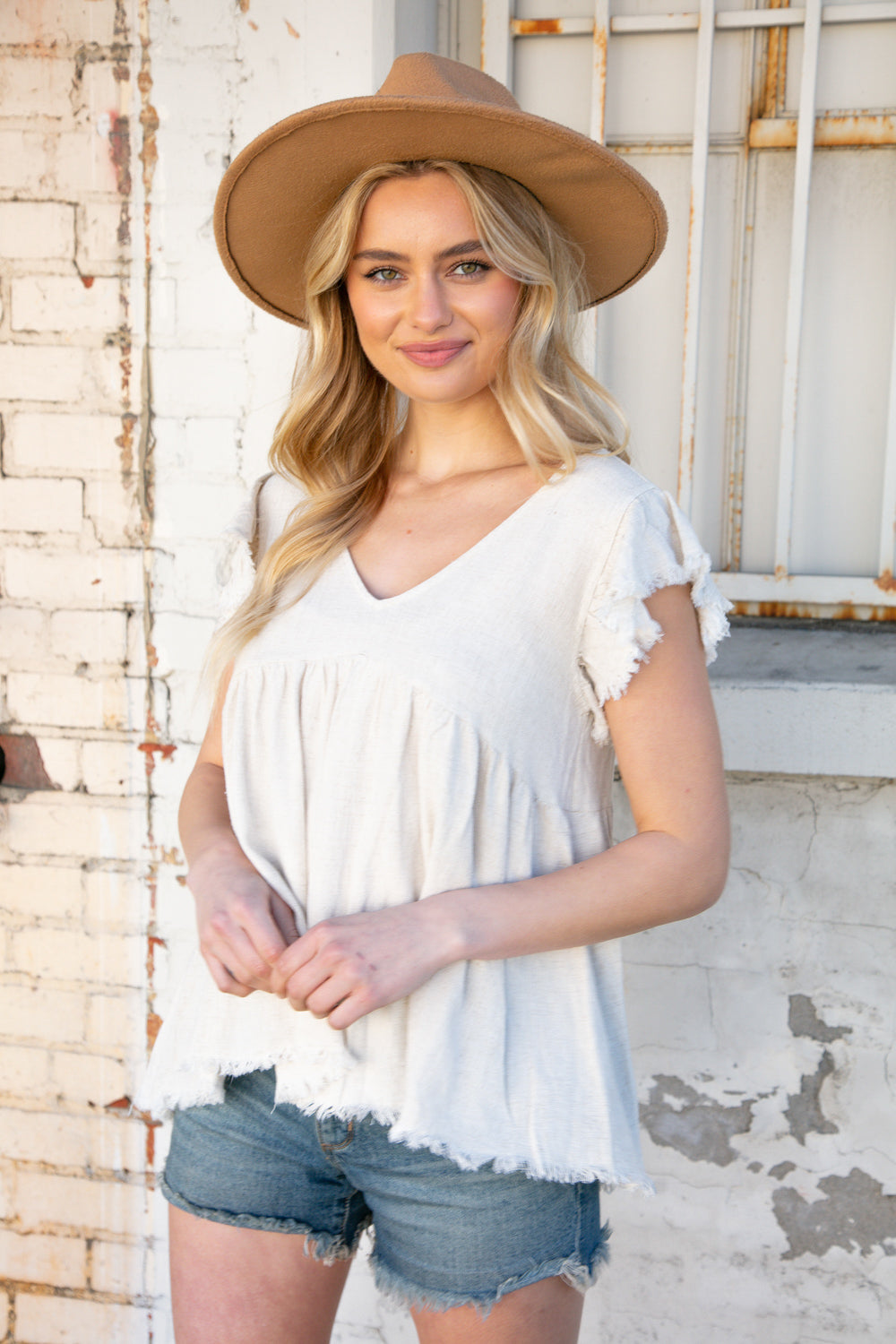 Oatmeal Linen Frayed Hi-Lo Baby Doll Top