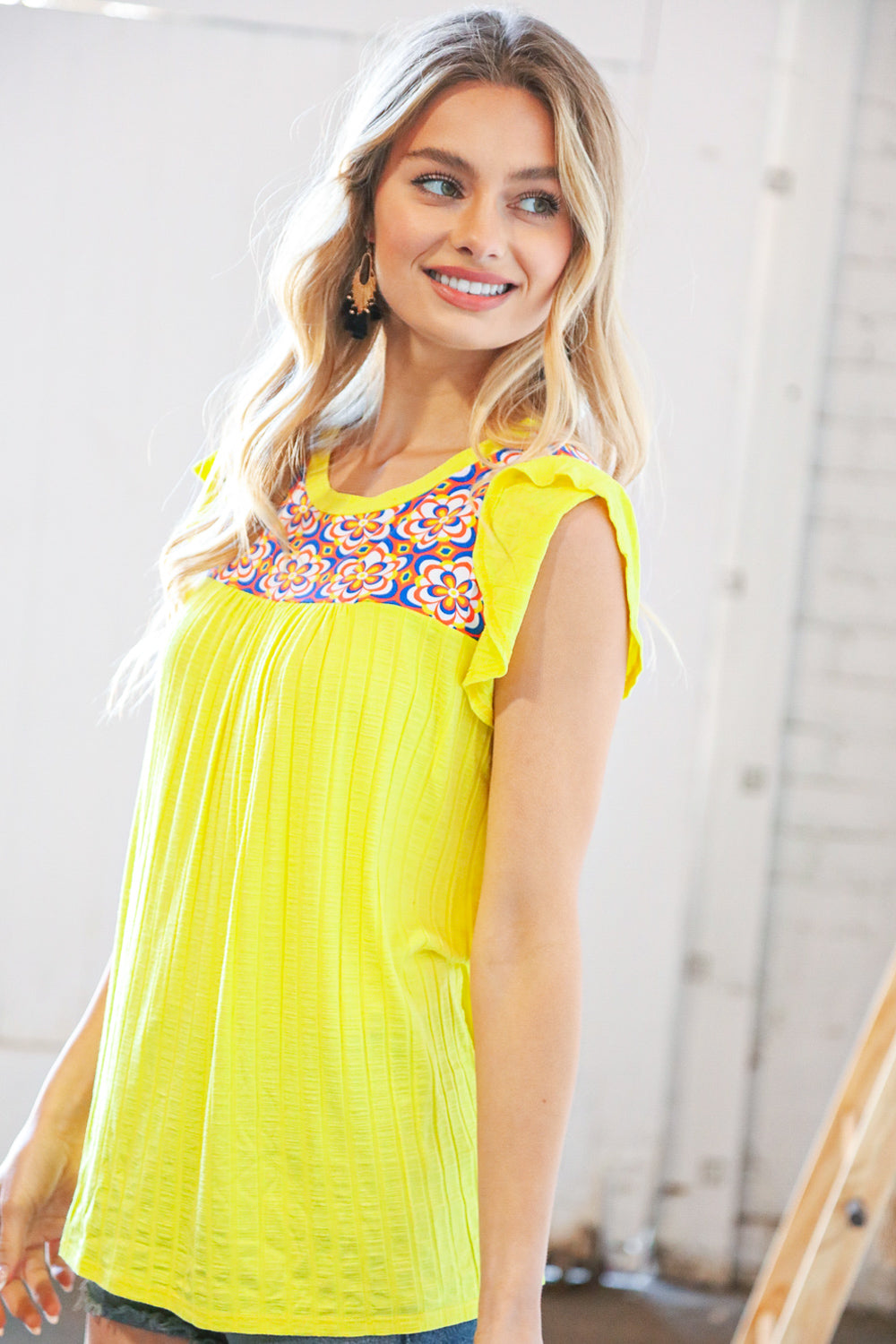 Yellow Flower Power Color Block Wide Rib Flutter Top