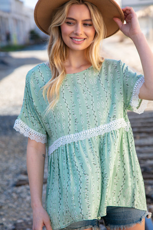 Sage Floral Challis Woven Short Sleeve Crochet Blouse