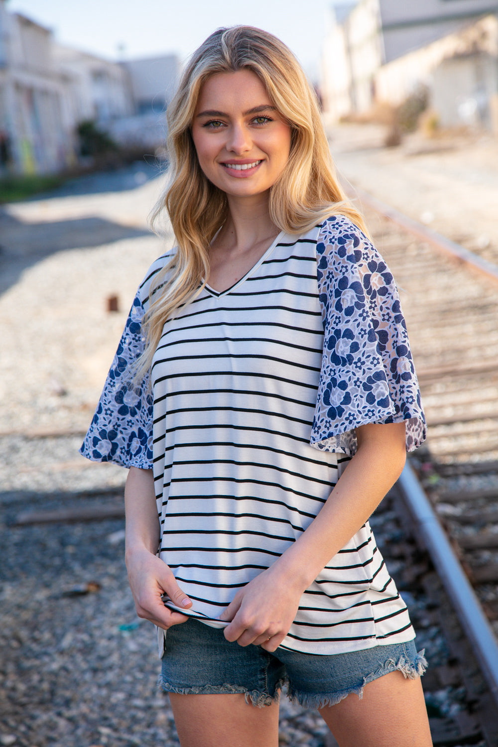 Navy Stripe & Floral Burn Out Lace Flutter Sleeve Top