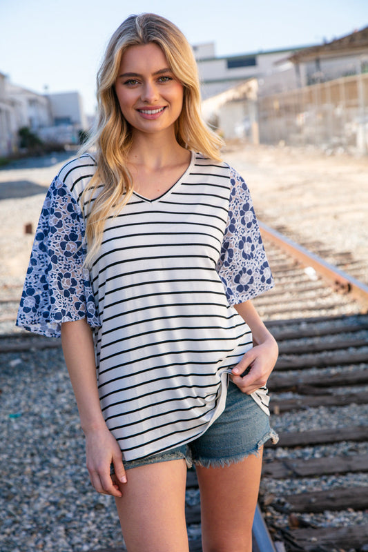 Navy Stripe & Floral Burn Out Lace Flutter Sleeve Top