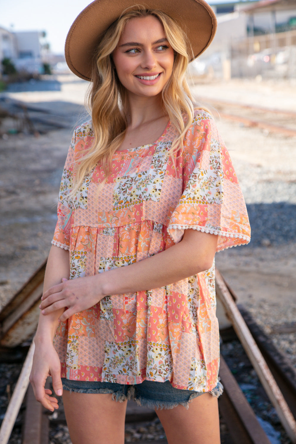 Peach Boho Floral Square Neck Flutter Sleeve Top