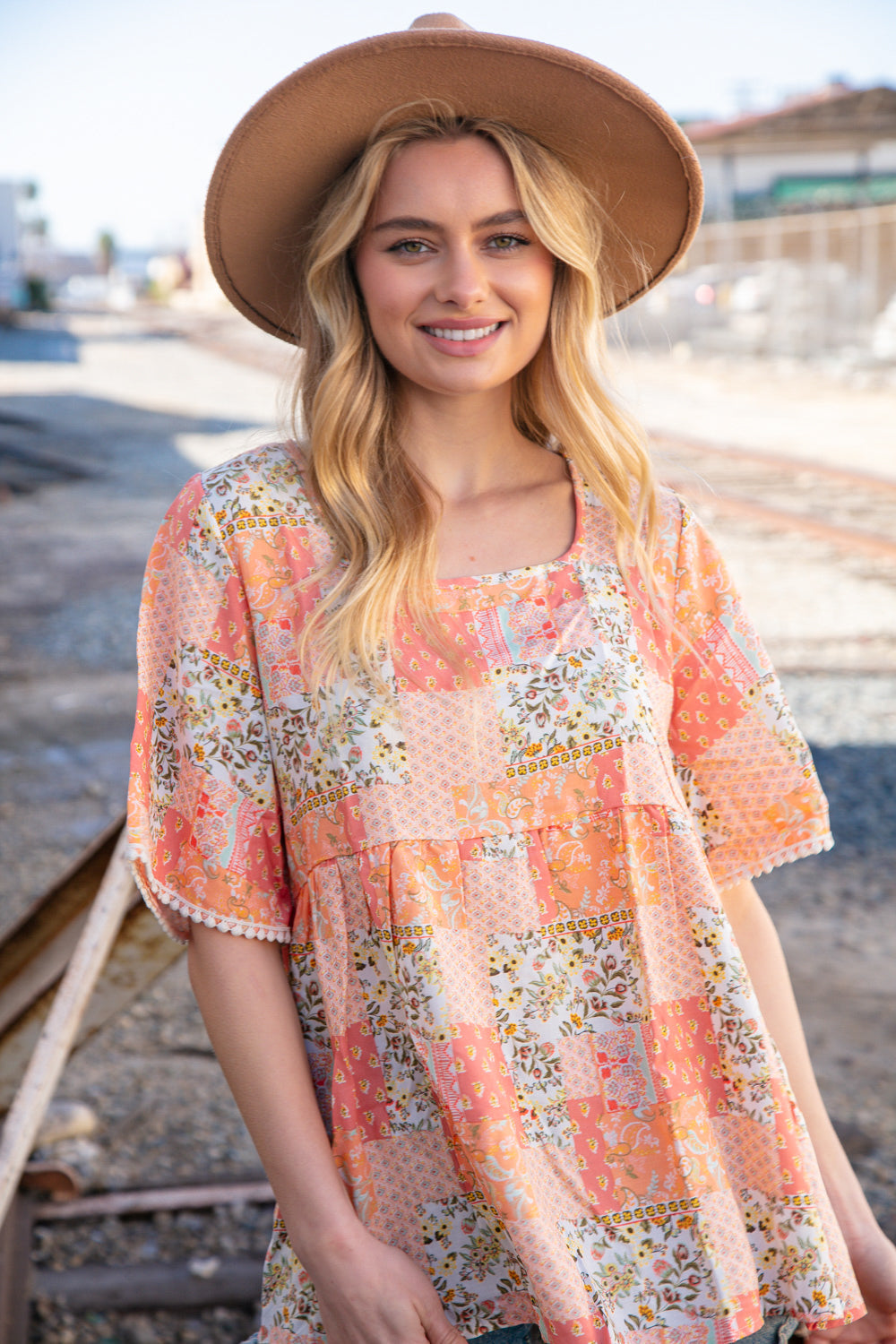 Peach Boho Floral Square Neck Flutter Sleeve Top