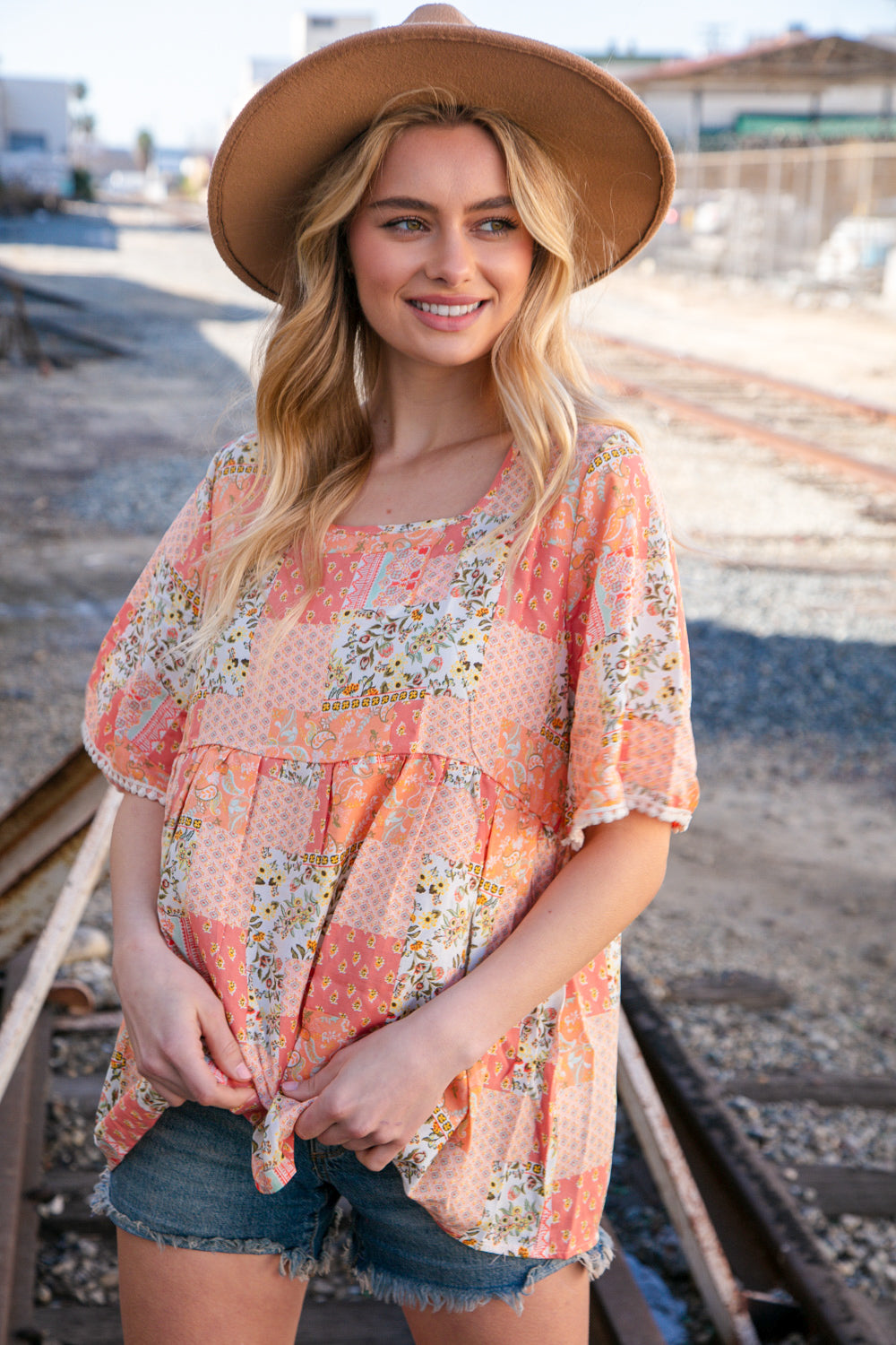 Peach Boho Floral Square Neck Flutter Sleeve Top