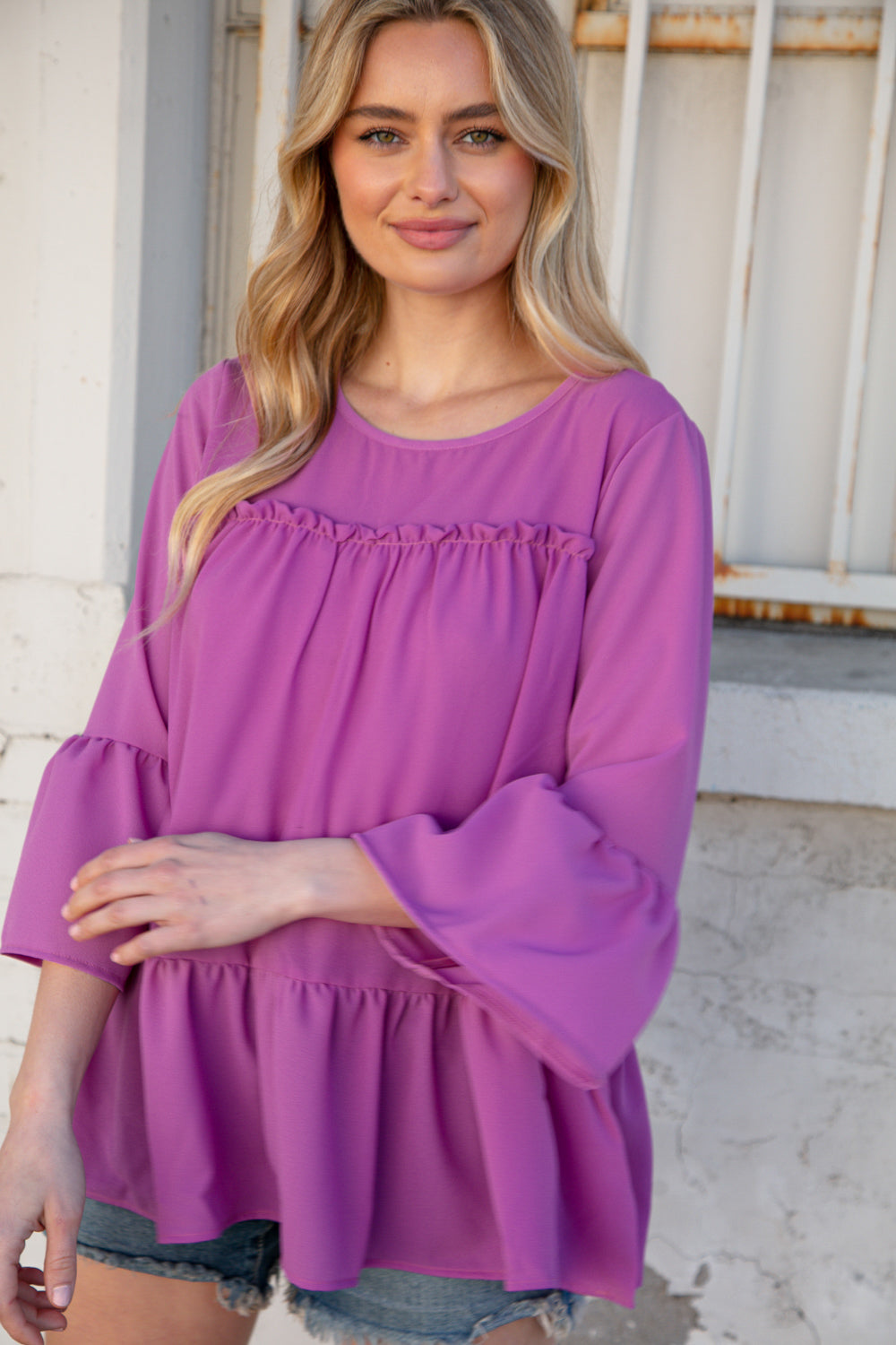 Orchid Round Neck Frill Detail Crepe Blouse