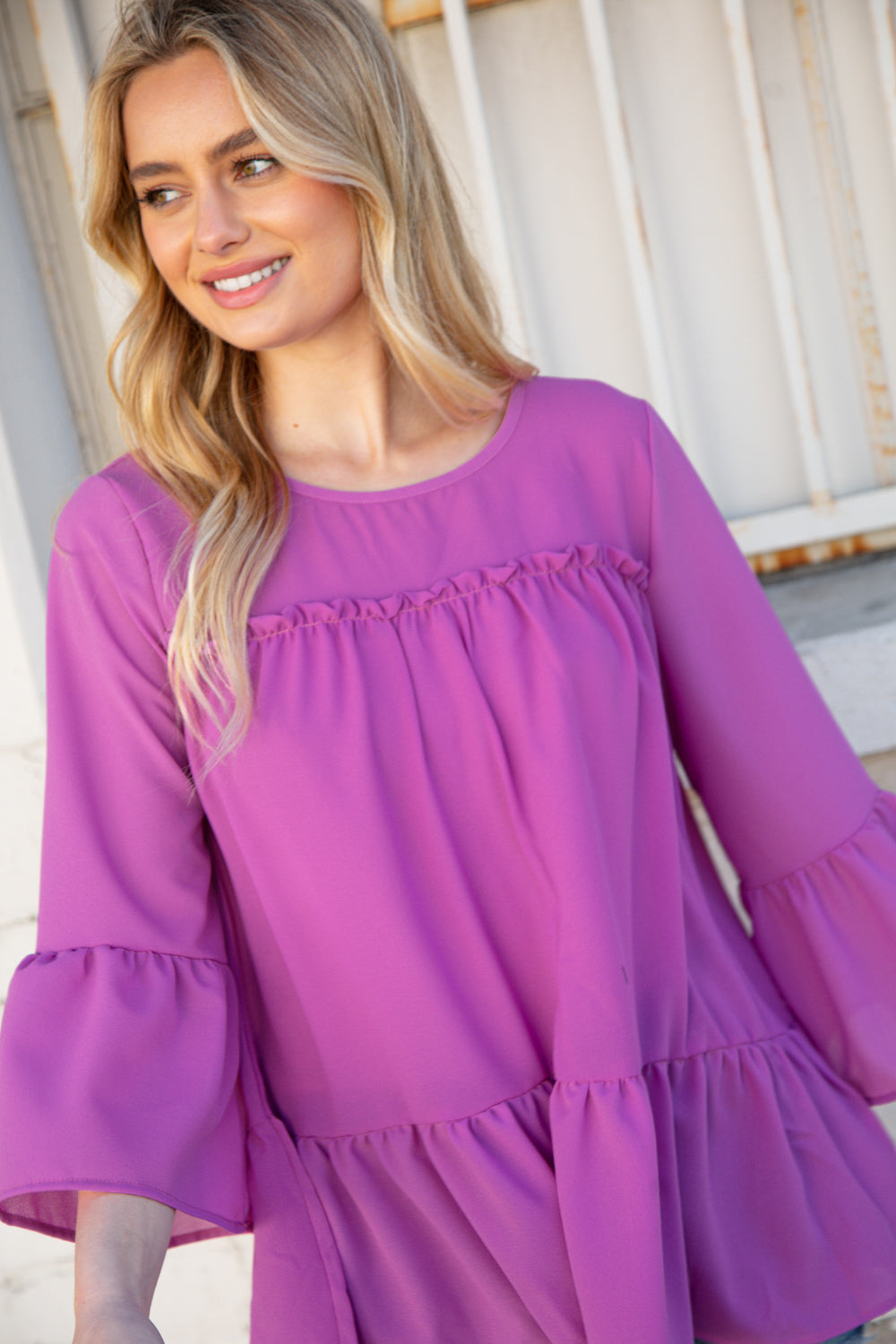 Orchid Round Neck Frill Detail Crepe Blouse