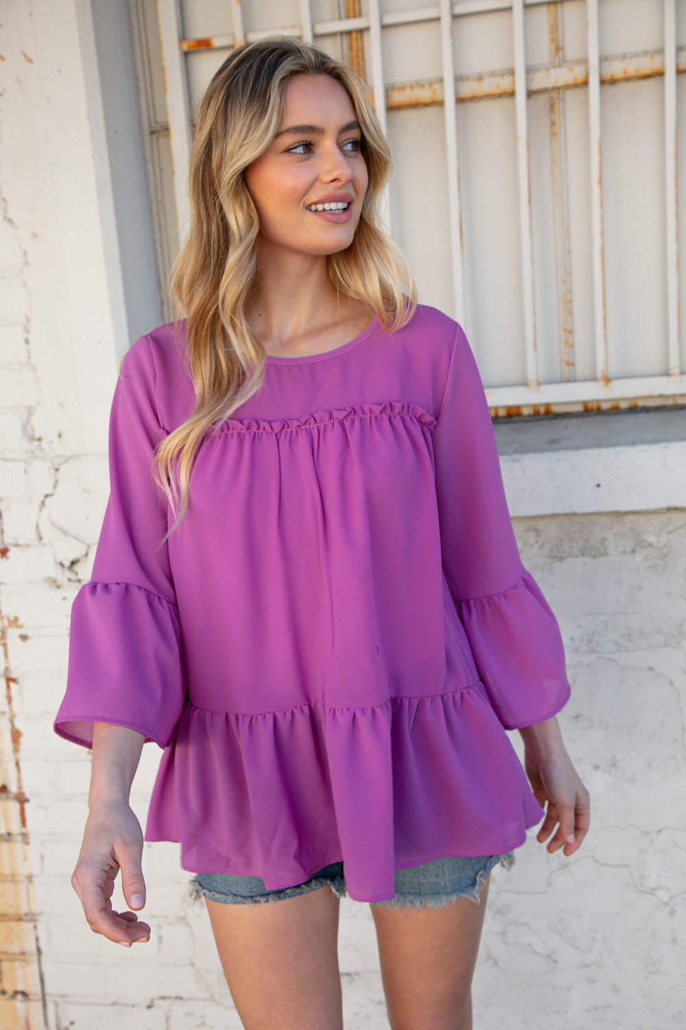 Orchid Round Neck Frill Detail Crepe Blouse