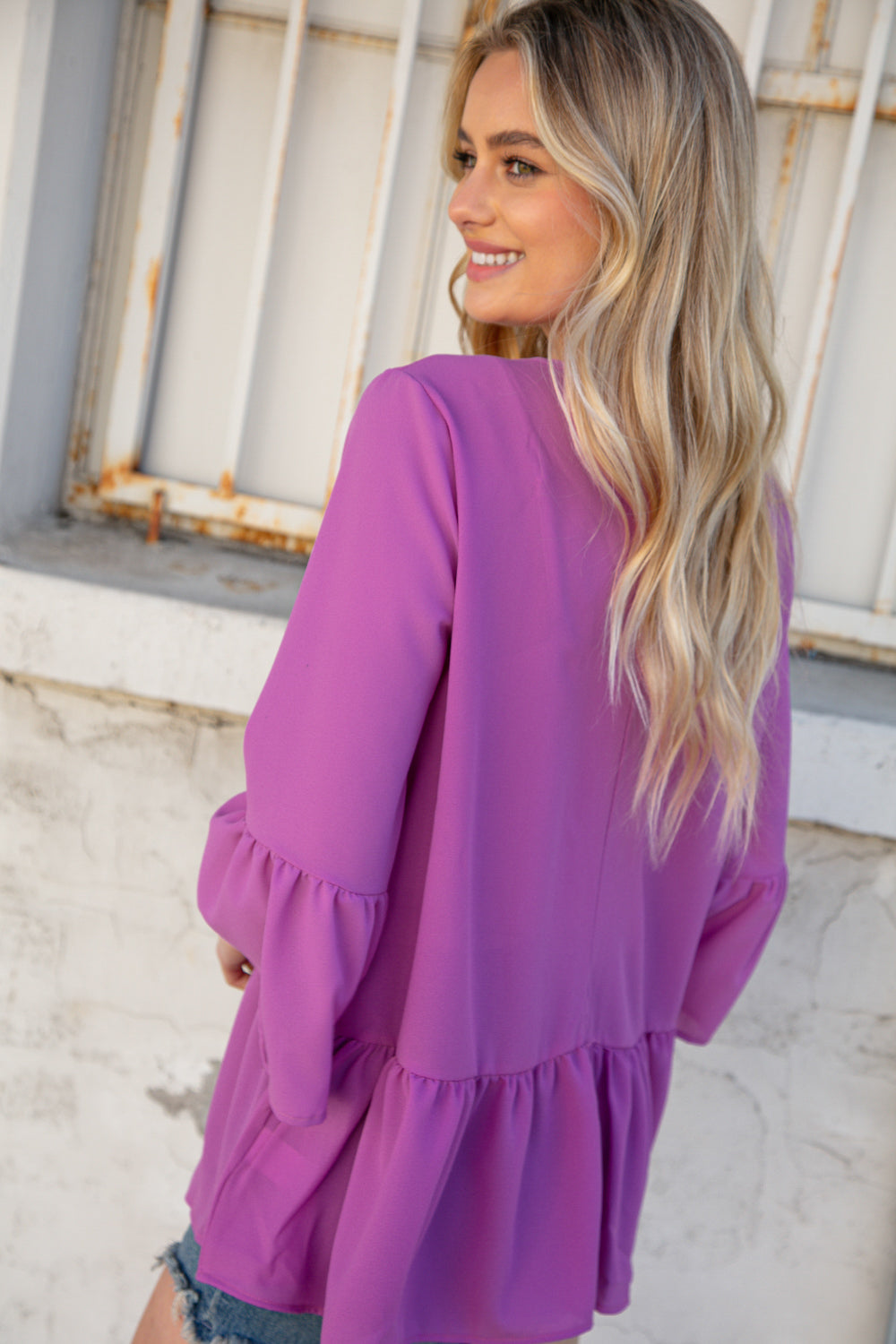 Orchid Round Neck Frill Detail Crepe Blouse