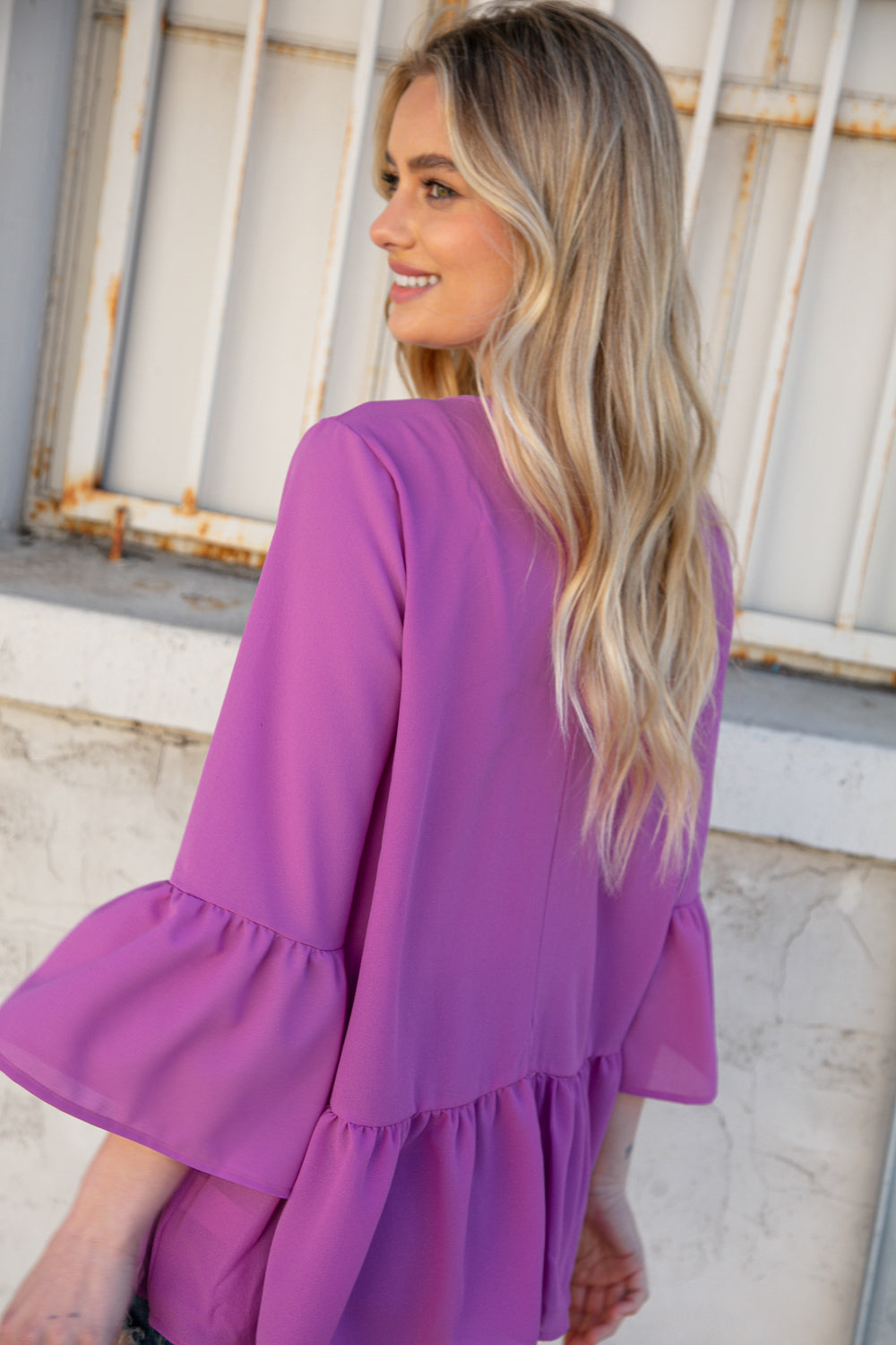 Orchid Round Neck Frill Detail Crepe Blouse