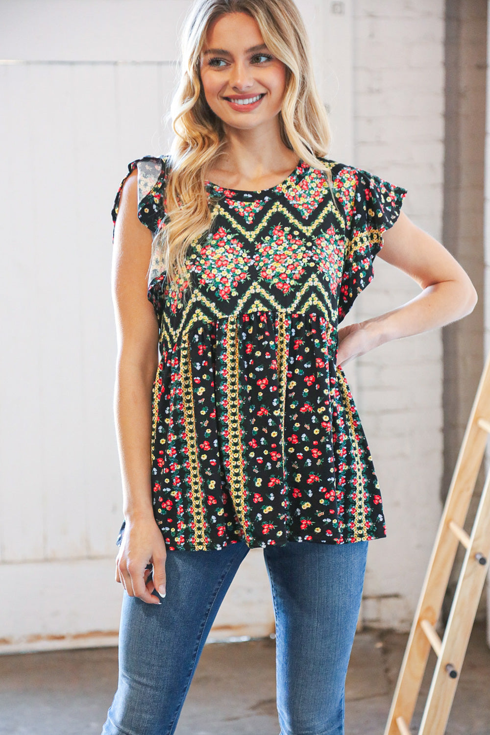 Zig Zag Floral Peplum Babydoll Flutter Sleeve Top