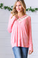 Coral Rib Lace V Neck Button Detail Top