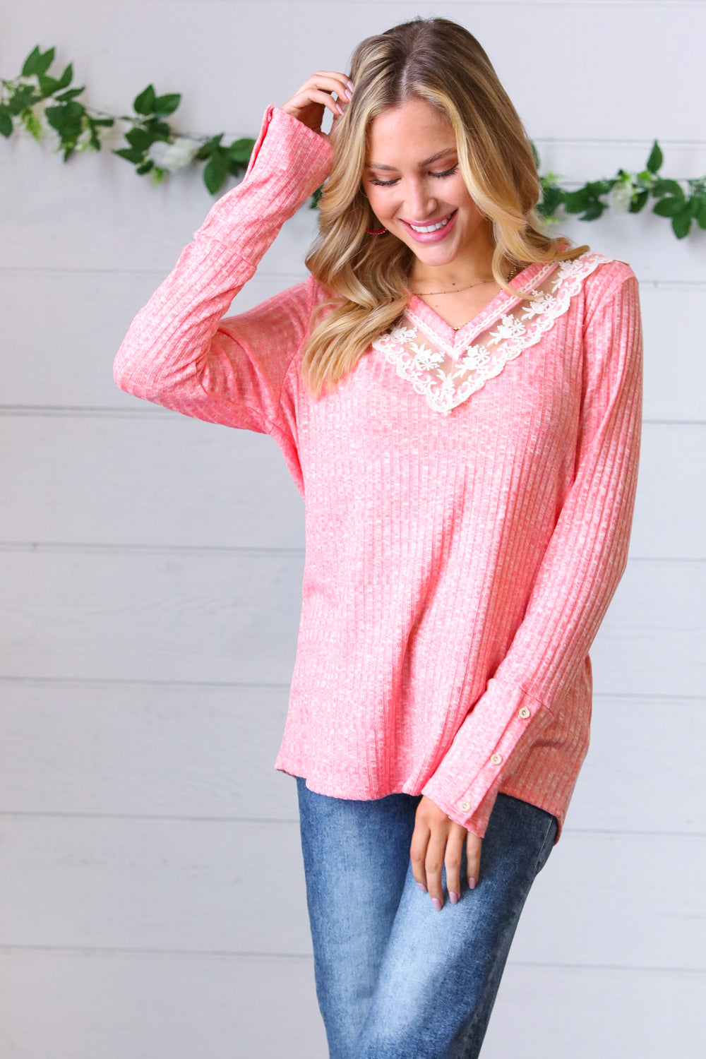 Coral Rib Lace V Neck Button Detail Top