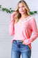 Coral Rib Lace V Neck Button Detail Top