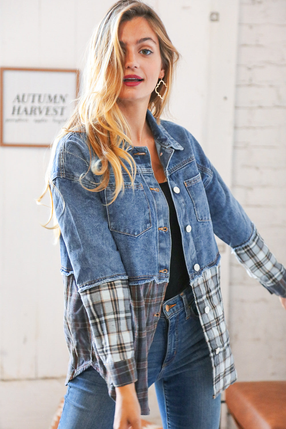 Washed Cotton Denim Plaid Color Block Jacket