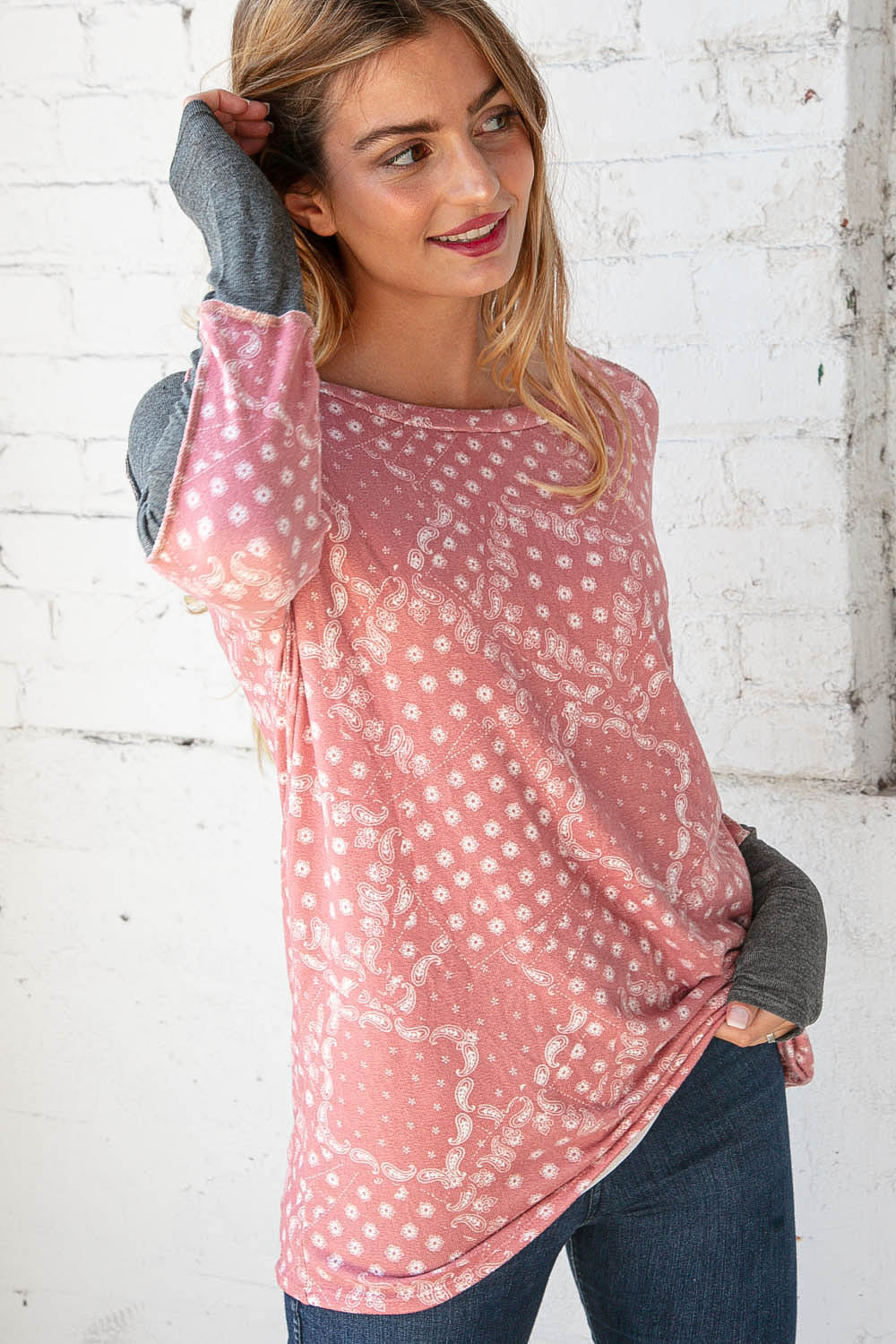 Paisley Patchwork Print Thumbhole Knit Top