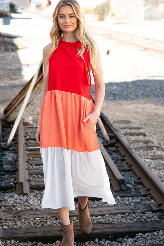 Red Color Block Tiered Halter Bow Tie Maxi Pocketed Dress