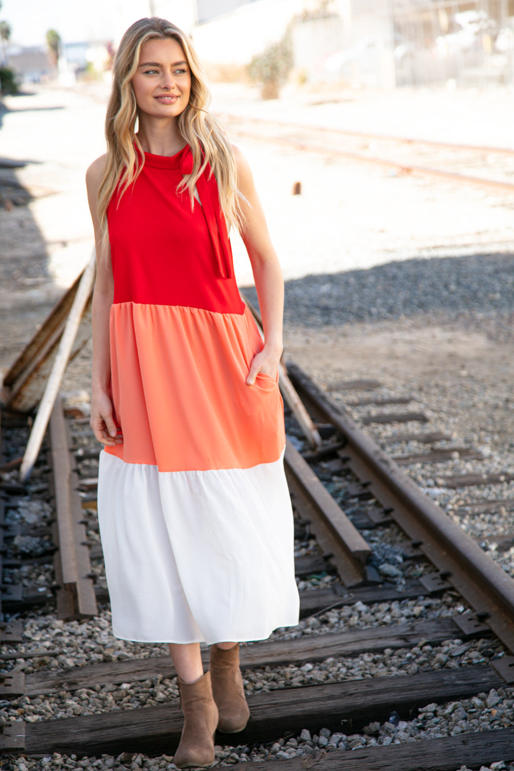 Red Color Block Tiered Halter Bow Tie Maxi Pocketed Dress