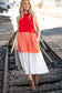 Red Color Block Tiered Halter Bow Tie Maxi Pocketed Dress