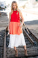 Red Color Block Tiered Halter Bow Tie Maxi Pocketed Dress