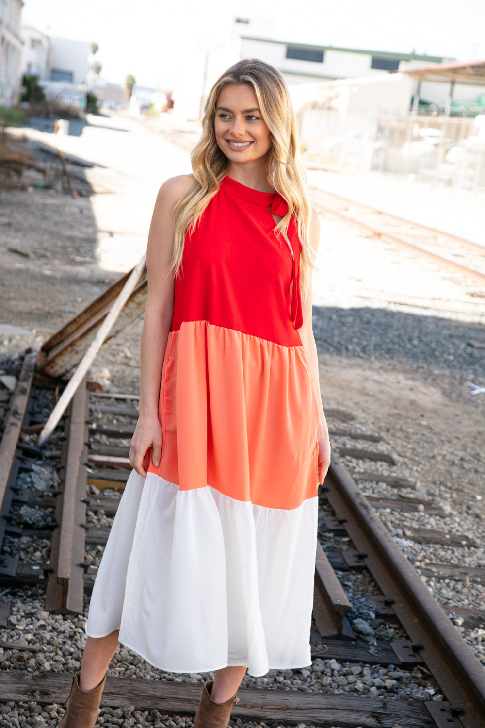 Red Color Block Tiered Halter Bow Tie Maxi Pocketed Dress