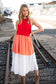 Red Color Block Tiered Halter Bow Tie Maxi Pocketed Dress