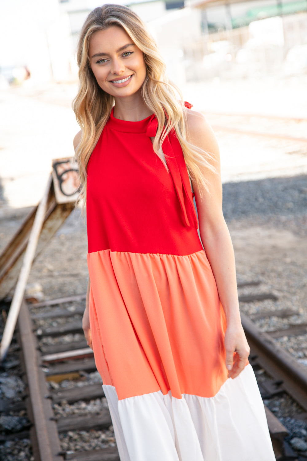 Red Color Block Tiered Halter Bow Tie Maxi Pocketed Dress