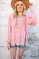 Rose Pink Embroidered Yoke Crochet Ruffle Top