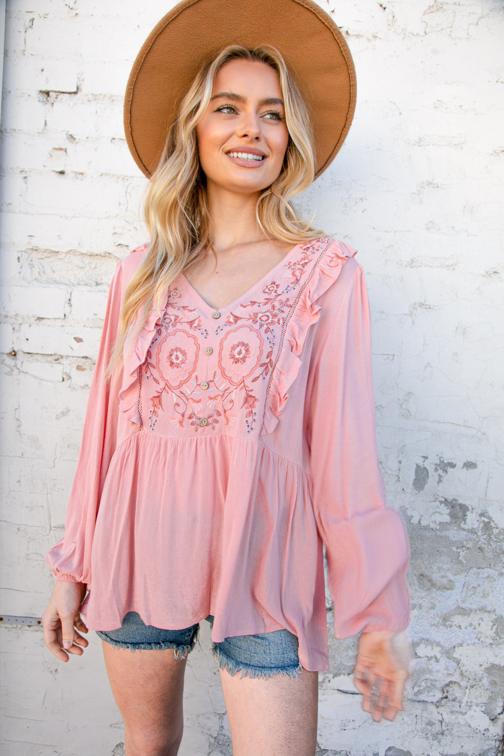 Rose Pink Embroidered Yoke Crochet Ruffle Top