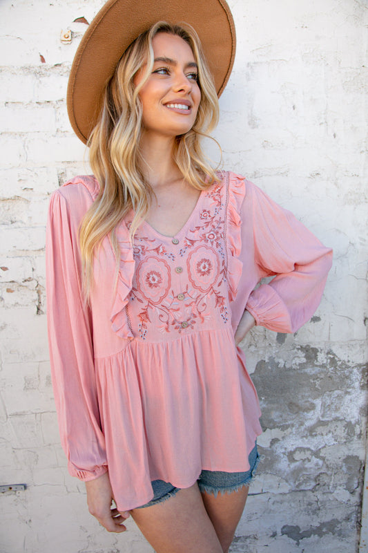 Rose Pink Embroidered Yoke Crochet Ruffle Top