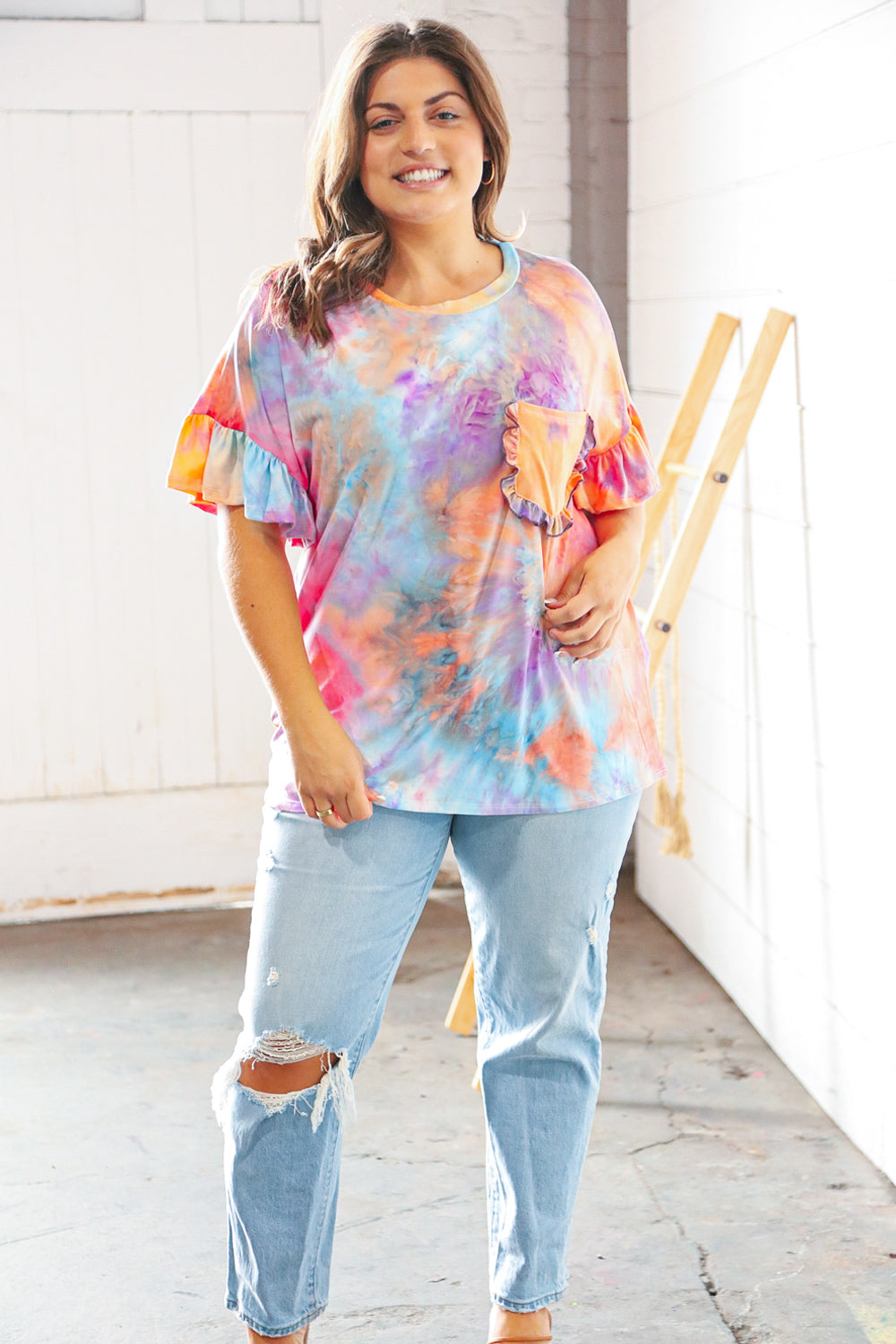 Peach Tie Dye Dolman Ruffle Top with Pocket