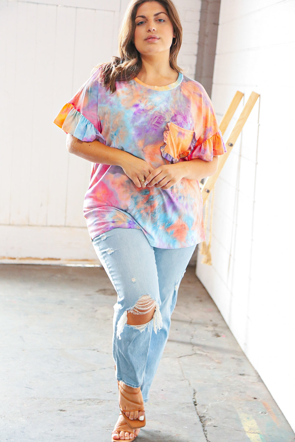 Peach Tie Dye Dolman Ruffle Top with Pocket