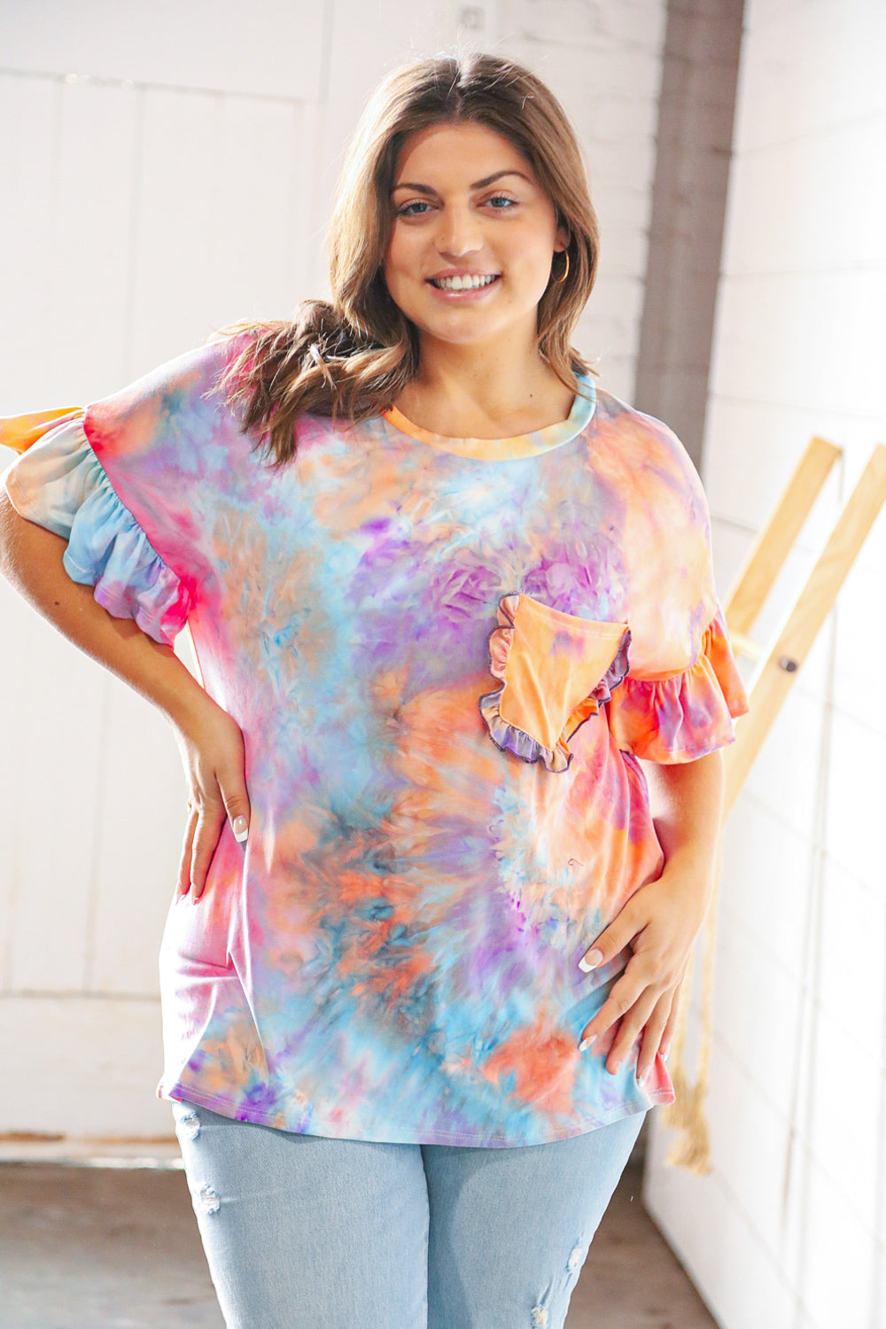 Peach Tie Dye Dolman Ruffle Top with Pocket