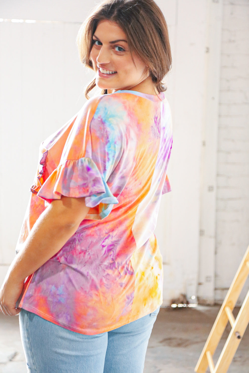 Peach Tie Dye Dolman Ruffle Top with Pocket