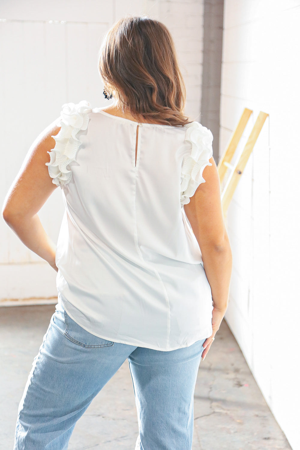 White Satin Frill Shoulder Blouse