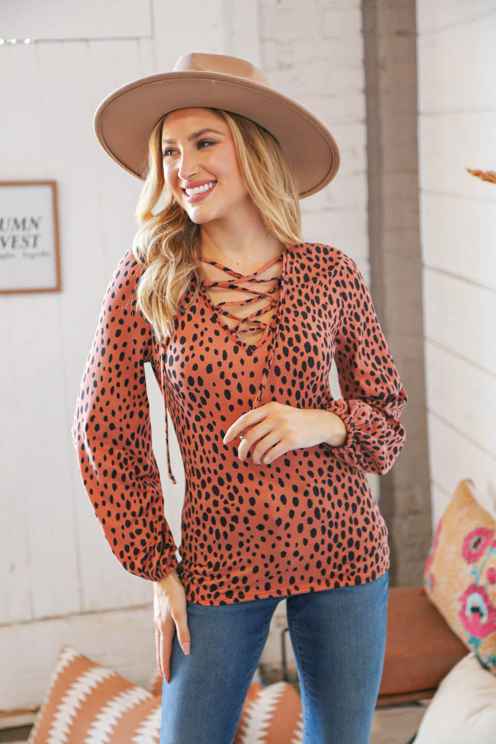 Leopard V Neck Lace Up Bubble Sleeve Slim Top