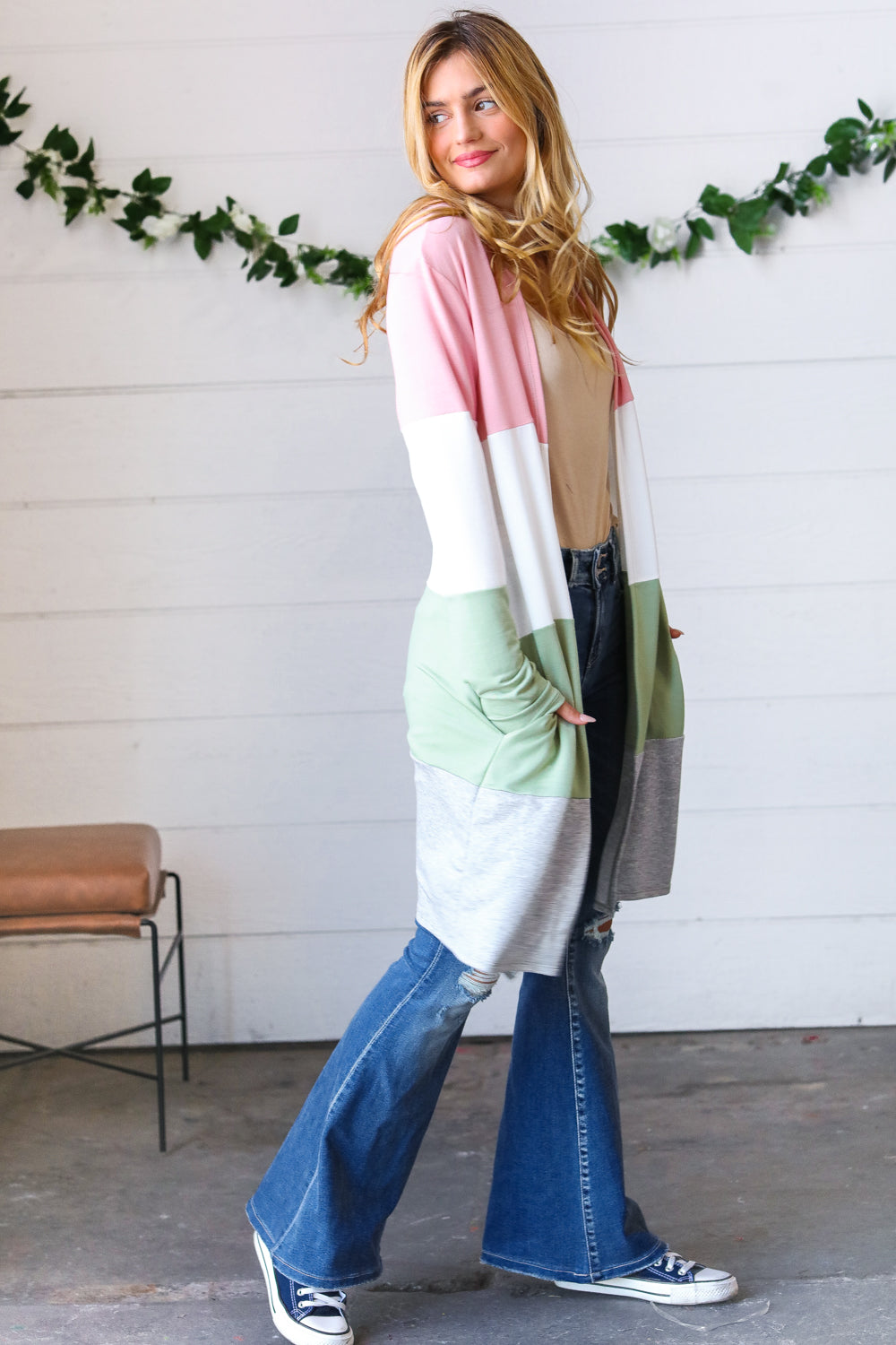 Sage Wide Stripe Terry Color Block Open Cardigan