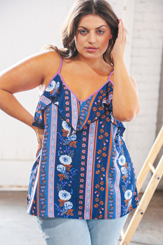 Blue & Plum Boho V Neck Ruffle Tank Top