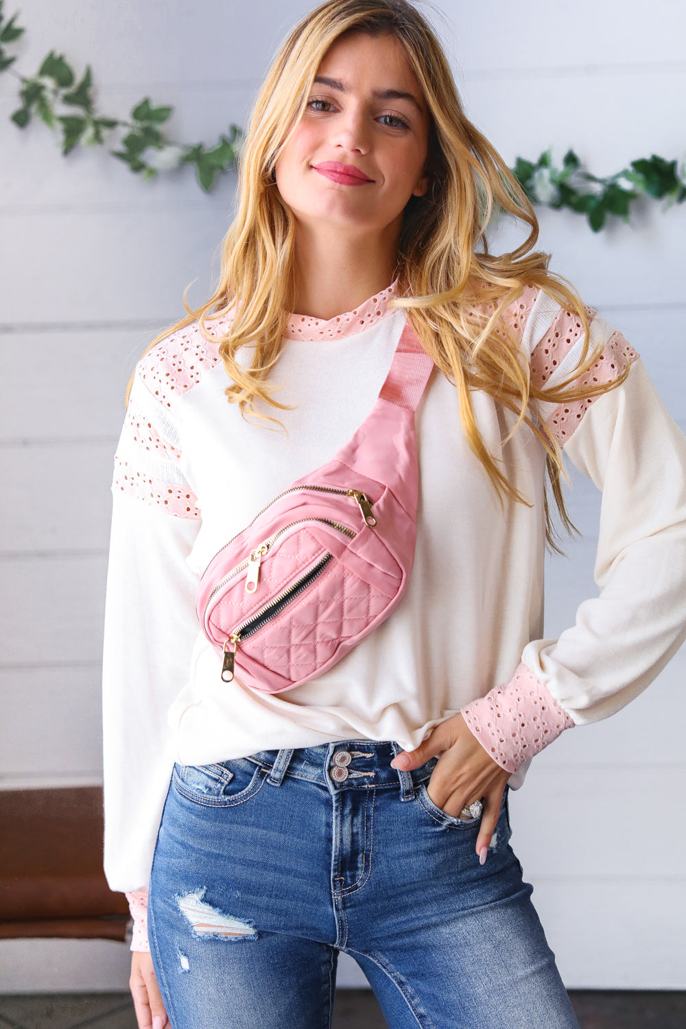 Blush Quilted Convertable Belt Sling Bag