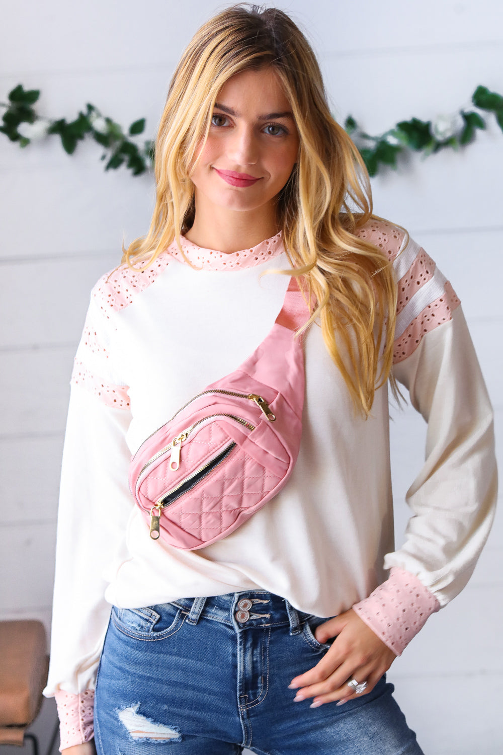 Blush Quilted Convertable Belt Sling Bag