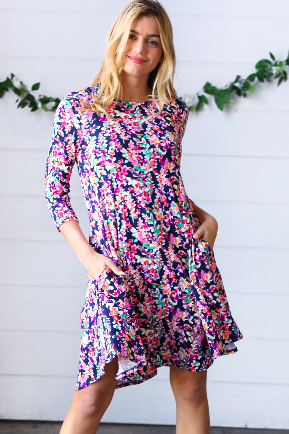 Navy Floral Flare Midi Dress