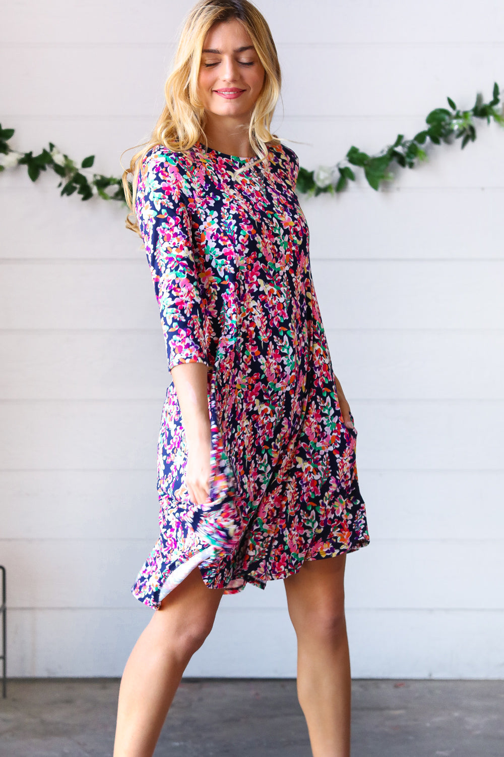 Navy Floral Flare Midi Dress