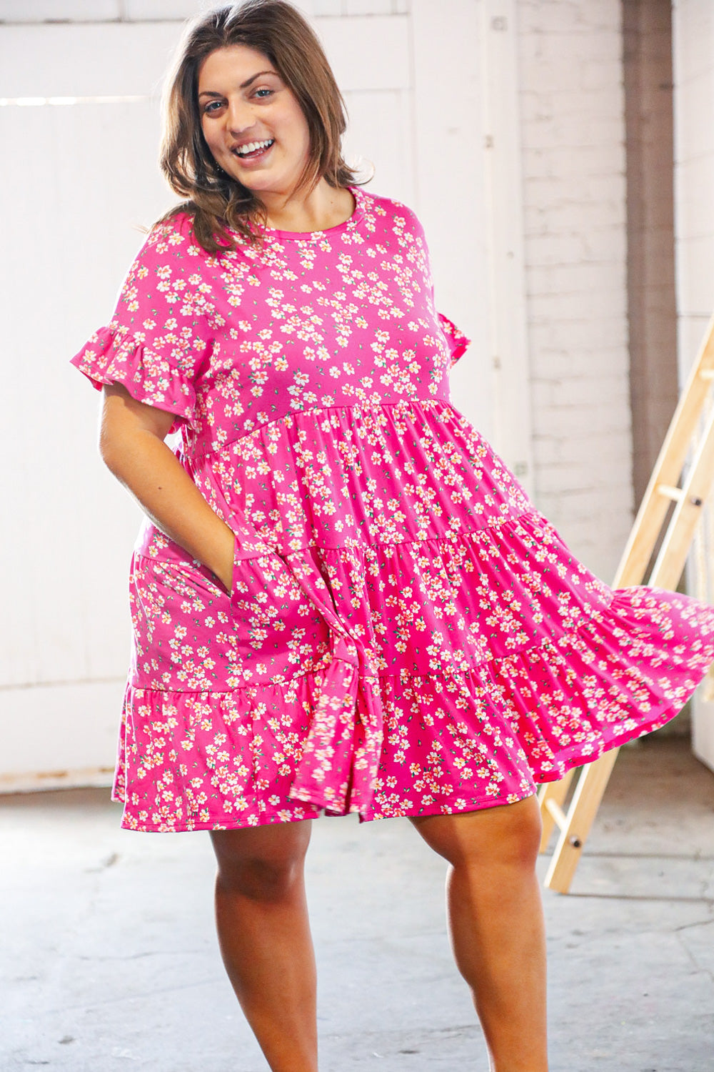 Pink Floral Tiered Flutter Sleeve Pocketed Dress