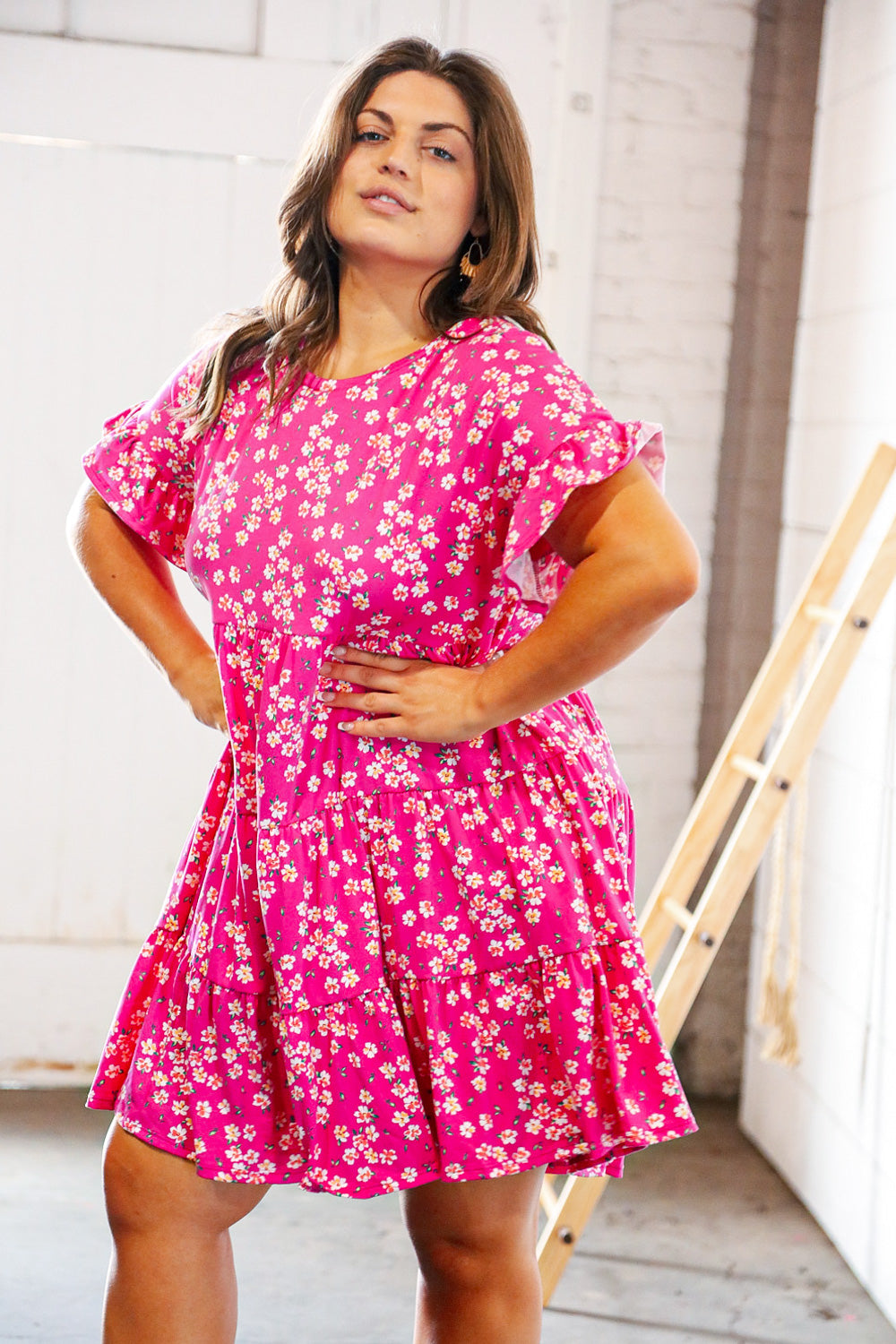 Pink Floral Tiered Flutter Sleeve Pocketed Dress