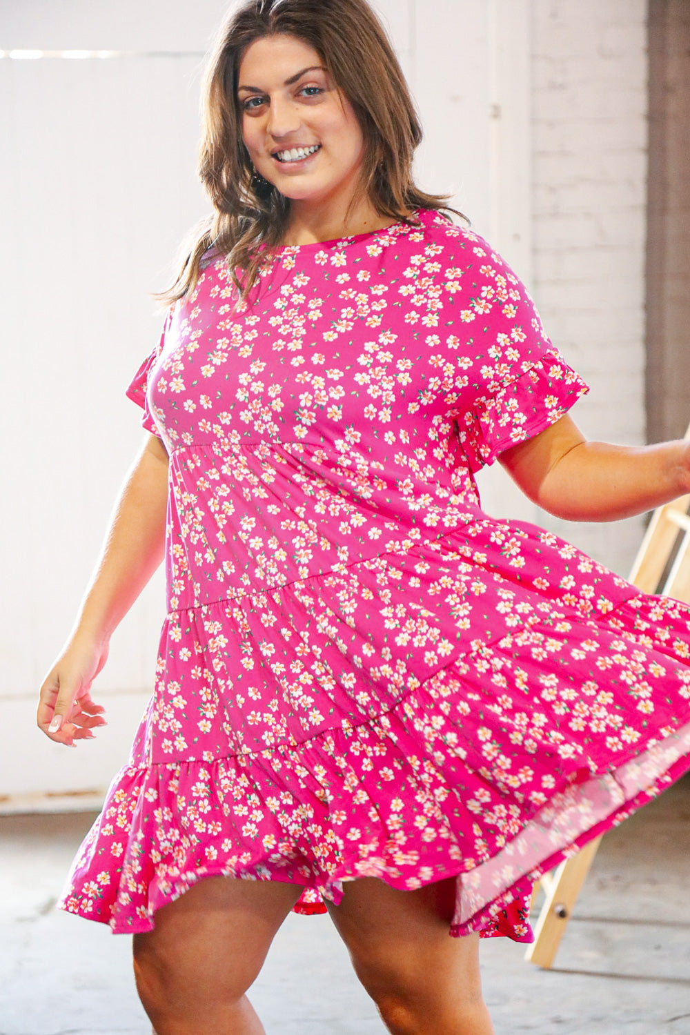 Pink Floral Tiered Flutter Sleeve Pocketed Dress