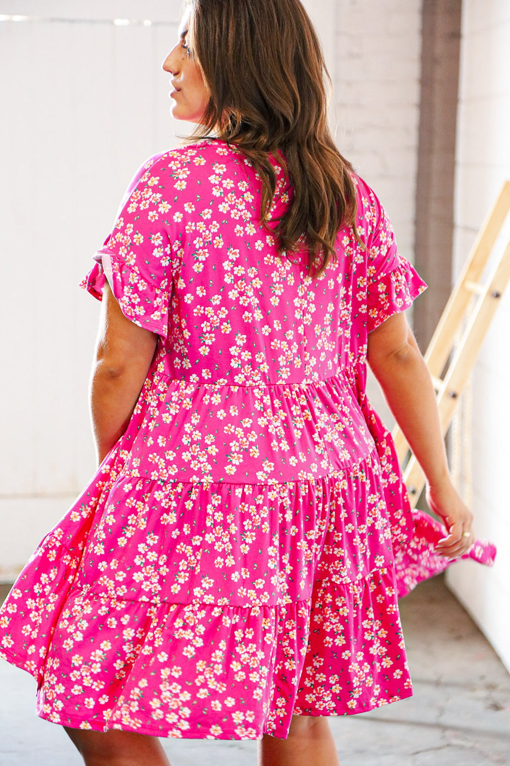 Pink Floral Tiered Flutter Sleeve Pocketed Dress