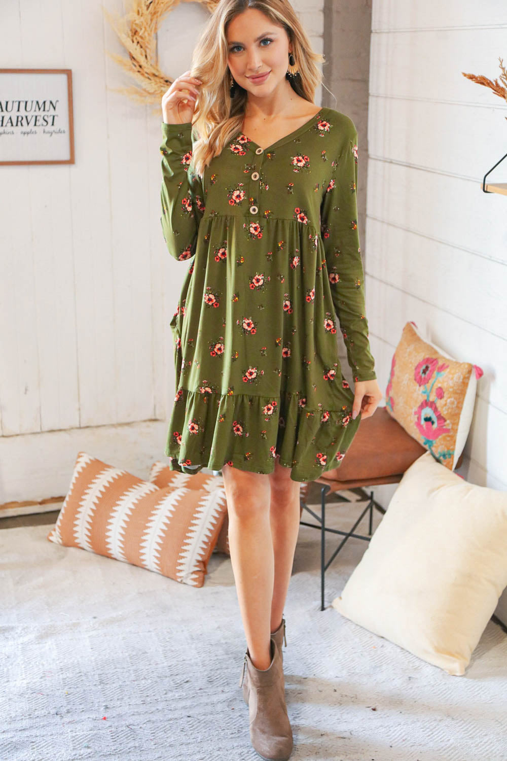 Olive Placard Yoke Ruffle Hem Pocketed Fit & Flare Dress